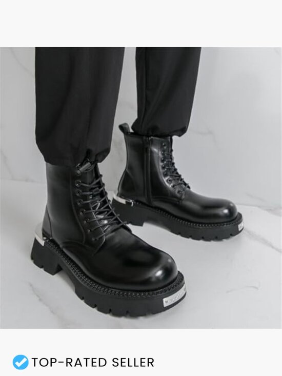 Men\'s Genuine Leather Lace Up Combat Boots with Side Zipper Chunky Lug Sole